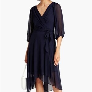 NWT DKNY Navy Faux Wrap Chiffon Midi Dress